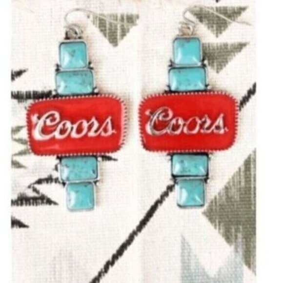 Coors Beer Red Blue Turquoise Geometric Square Drop Silver Earrings - Picture 2 of 4